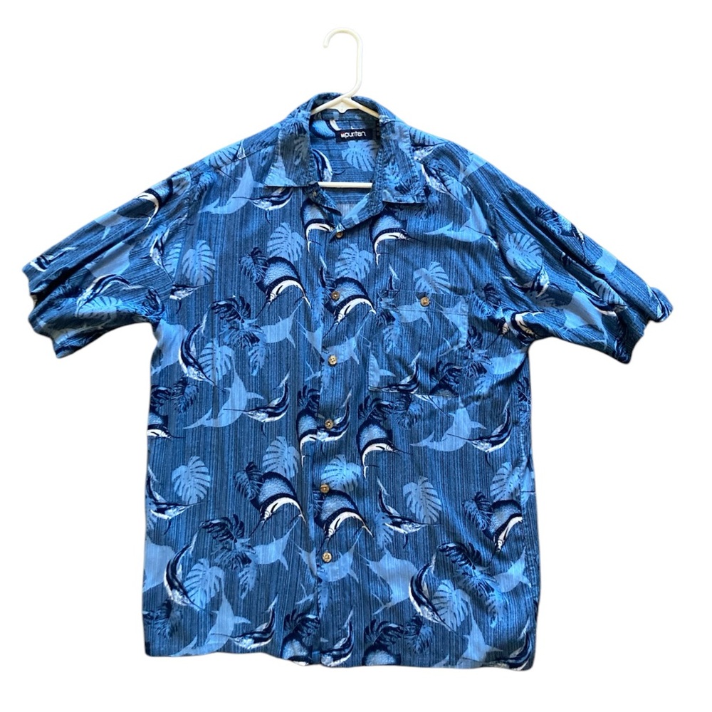 Puritan Mens Fish Print Medium Button Up Short Sleeve Polo